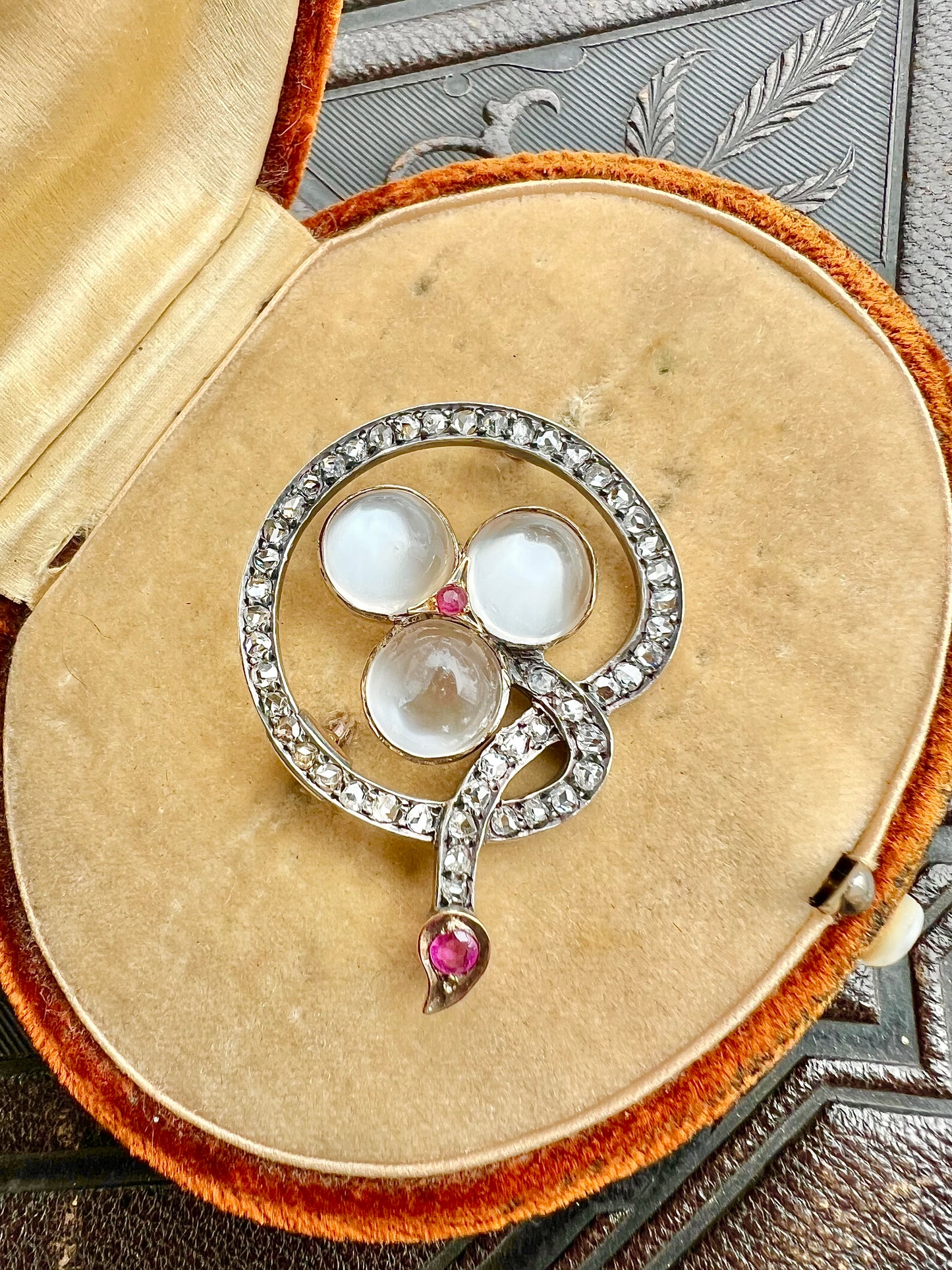 ANTIQUE • Victorian French 18k Rosy Gold Trefoil Brooch w/ Moonstones, Rose Cut Diamonds & Rubies