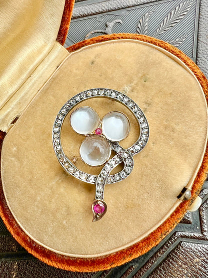 ANTIQUE • Victorian French 18k Rosy Gold Trefoil Brooch w/ Moonstones, Rose Cut Diamonds & Rubies