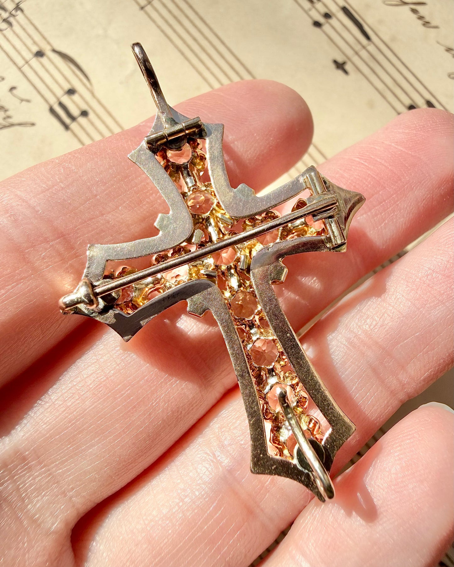 ANTIQUE • Victorian 10/14k Yellow Gold w/ Old Mine Cushion Cut Paste Diamonds & Enamel Cross Pendant Brooch