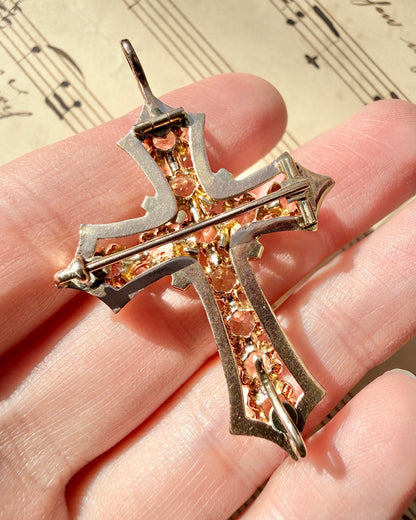 ANTIQUE • Victorian 10/14k Yellow Gold w/ Old Mine Cushion Cut Paste Diamonds & Enamel Cross Pendant Brooch