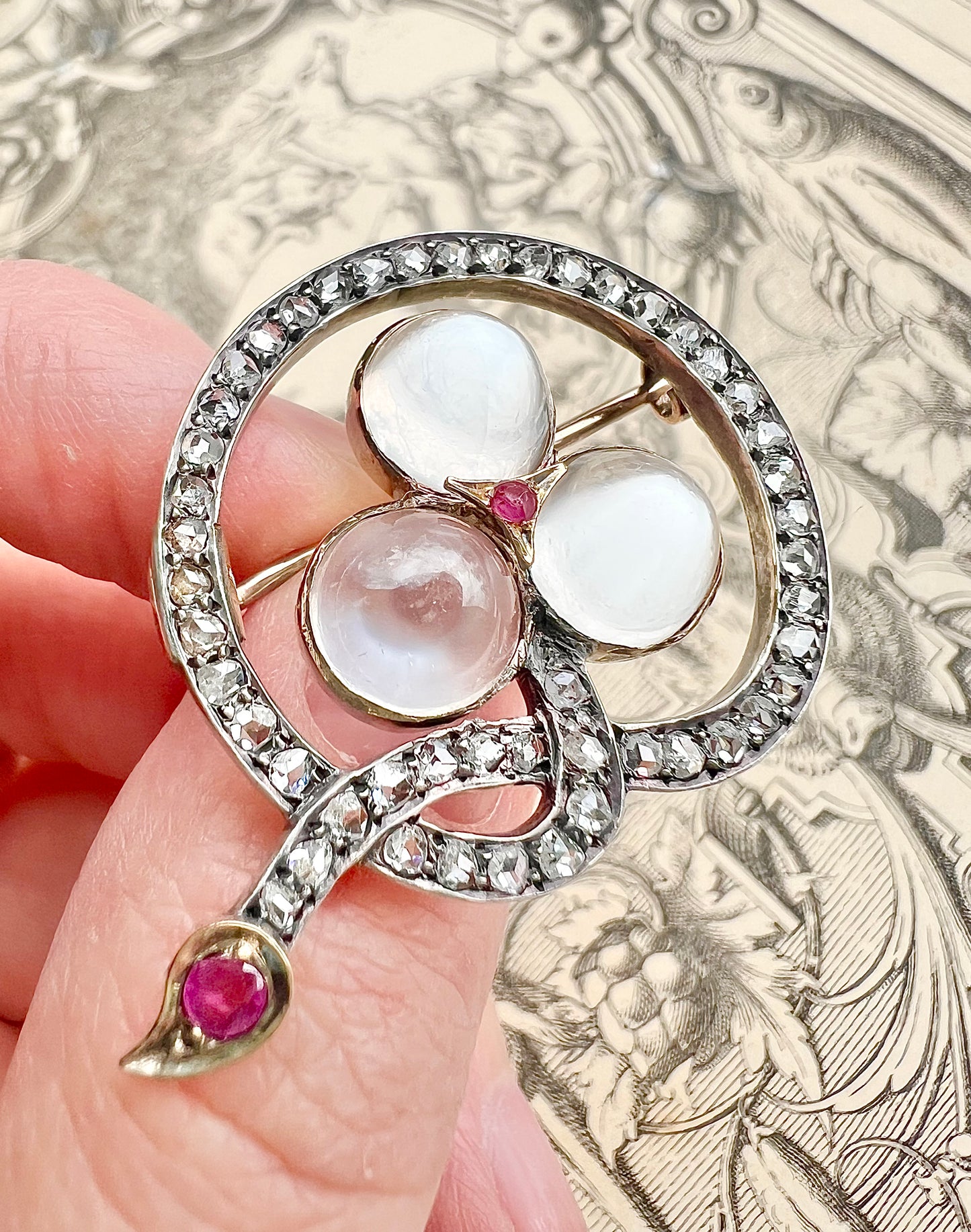 ANTIQUE • Victorian French 18k Rosy Gold Trefoil Brooch w/ Moonstones, Rose Cut Diamonds & Rubies