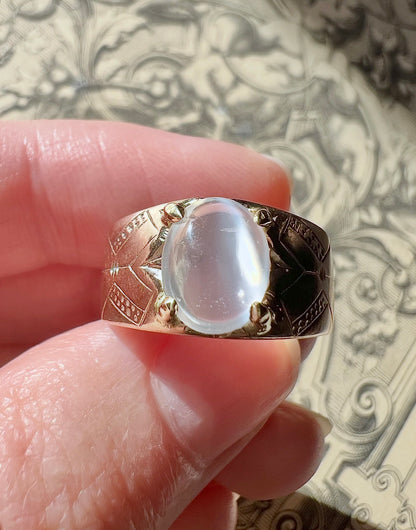 ANTIQUE • Art Nouveau 8k Rosy Gold German Jugendstil Engraved Moonstone Ring