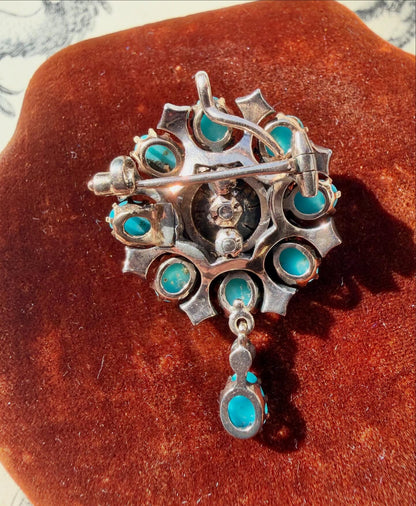 ANTIQUE • Victorian 10k Silver-Topped Yellow Gold w/ Persian Turquoise & Sea Pearl Flower Brooch Pendant