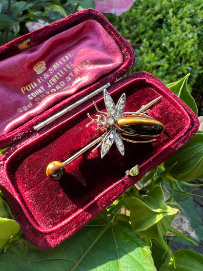 ANTIQUE • Victorian 9ct Silver-Topped Gold w/ Tiger’s Eye & Rose Cut Diamonds Flying Insect Bar Brooch