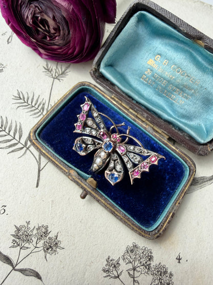 ANTIQUE • Victorian 14k Silver-Topped Yellow Gold Butterfly w/ Blue & Pink Sapphires, Diamonds & Sea Pearls Brooch Pendant