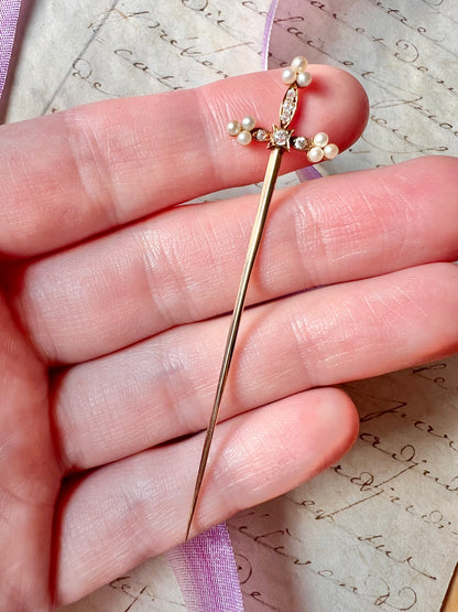 ANTIQUE • Victorian 14k Yellow Gold Sword Jabot w/ Old Mine Cut Diamonds & Saltwater Pearls