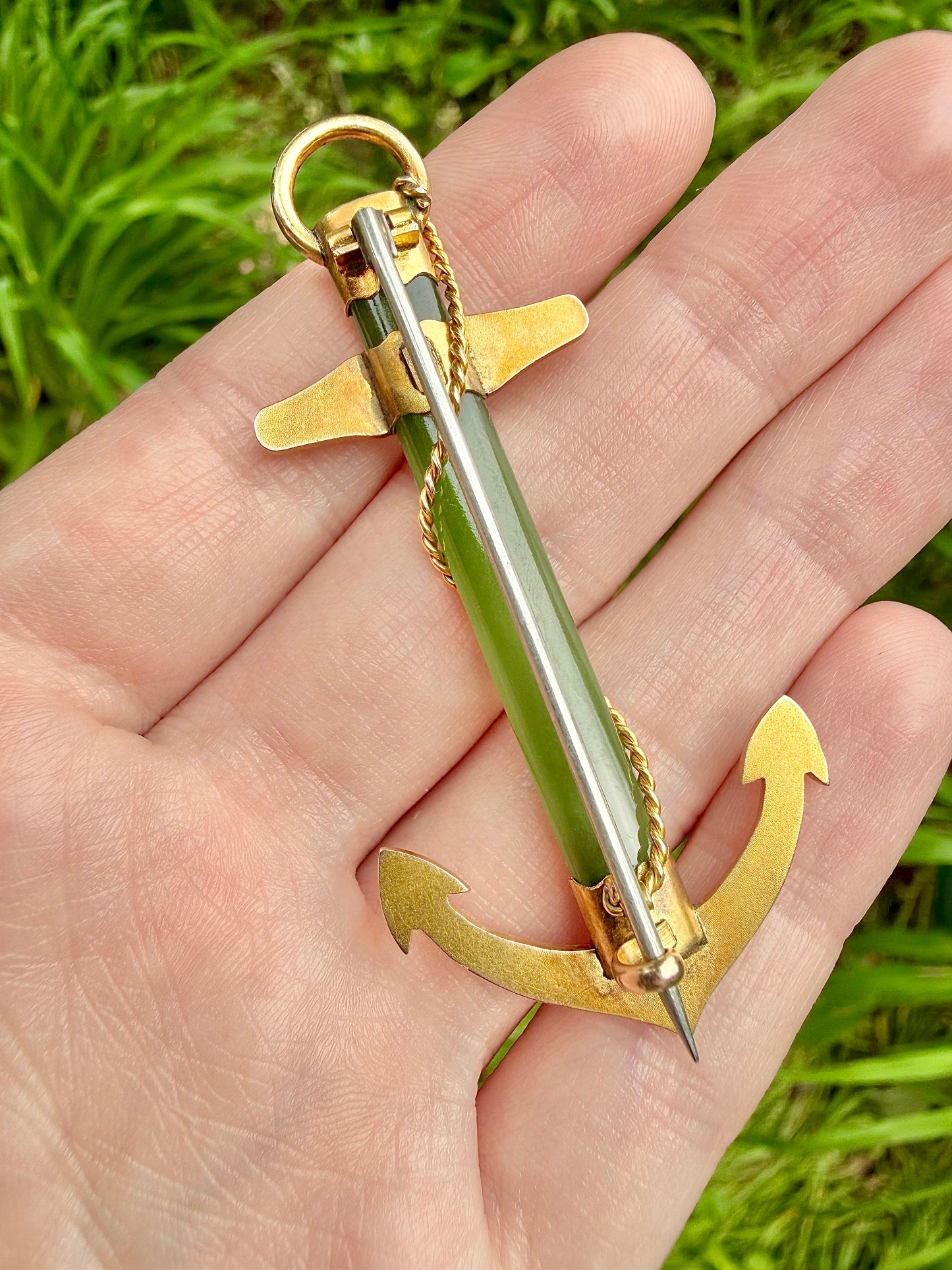 ANTIQUE • Victorian 9ct Yellow Gold Nephrite Jade Anchor Pendant & Brooch