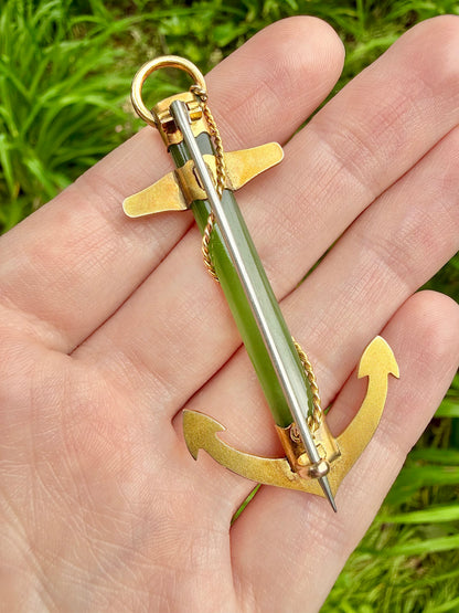ANTIQUE • Victorian 9ct Yellow Gold Nephrite Jade Anchor Pendant & Brooch