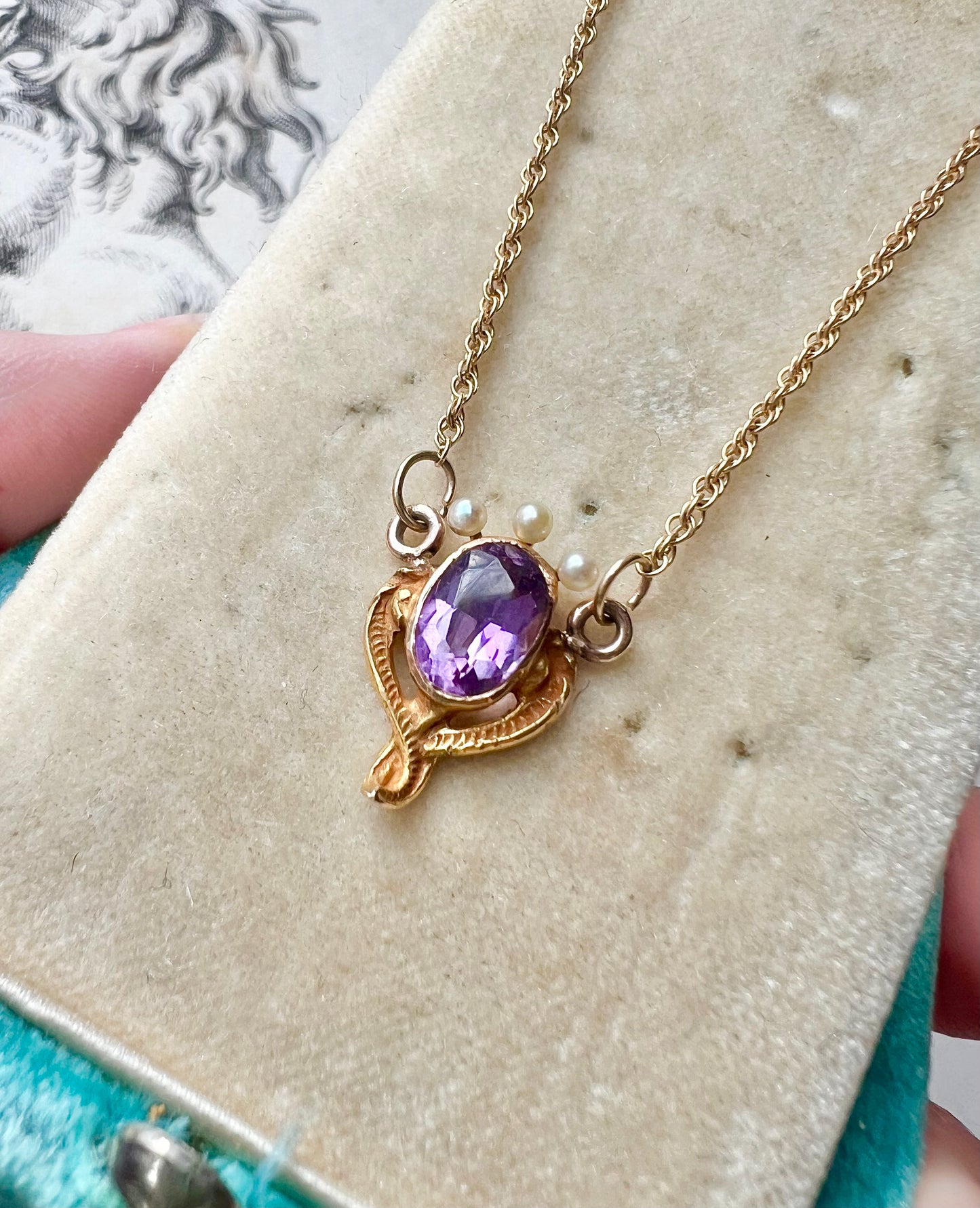 ANTIQUE • Art Nouveau 14k Yellow Gold Faceted Amethyst w/ Seed Pearl Crown Charm Necklace