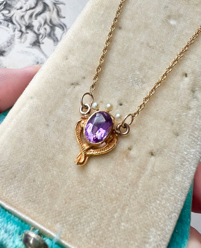 ANTIQUE • Art Nouveau 14k Yellow Gold Faceted Amethyst w/ Seed Pearl Crown Charm Necklace