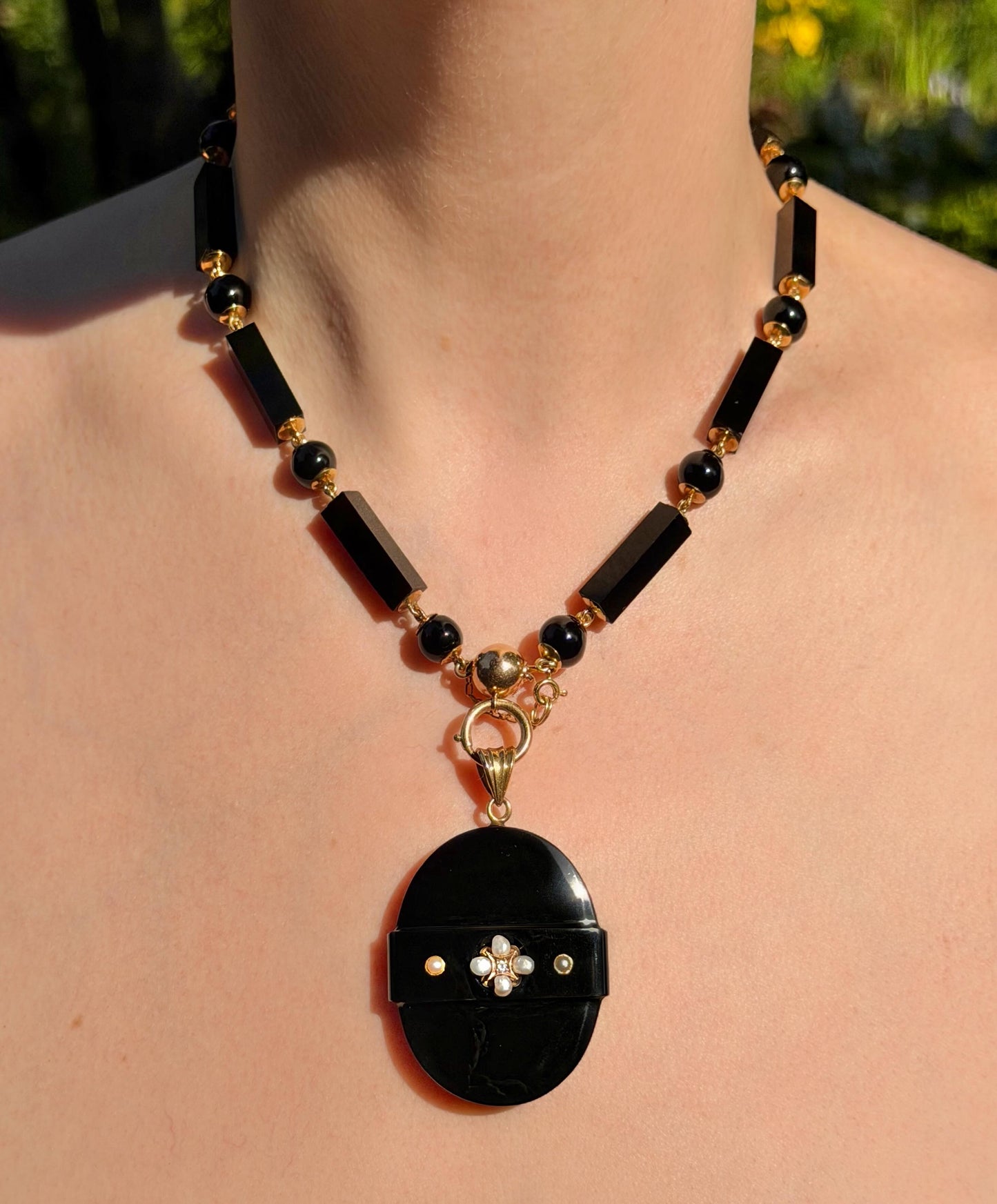 ANTIQUE • Victorian 14k Yellow Gold Onyx Mourning Necklace & Carved Locket Set w/ Pearls & Diamond