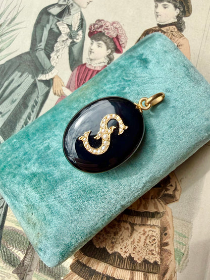 ANTIQUE • Victorian 14k Yellow Gold w/ Onyx & Seed Pearls “S” Initial Locket Pendant