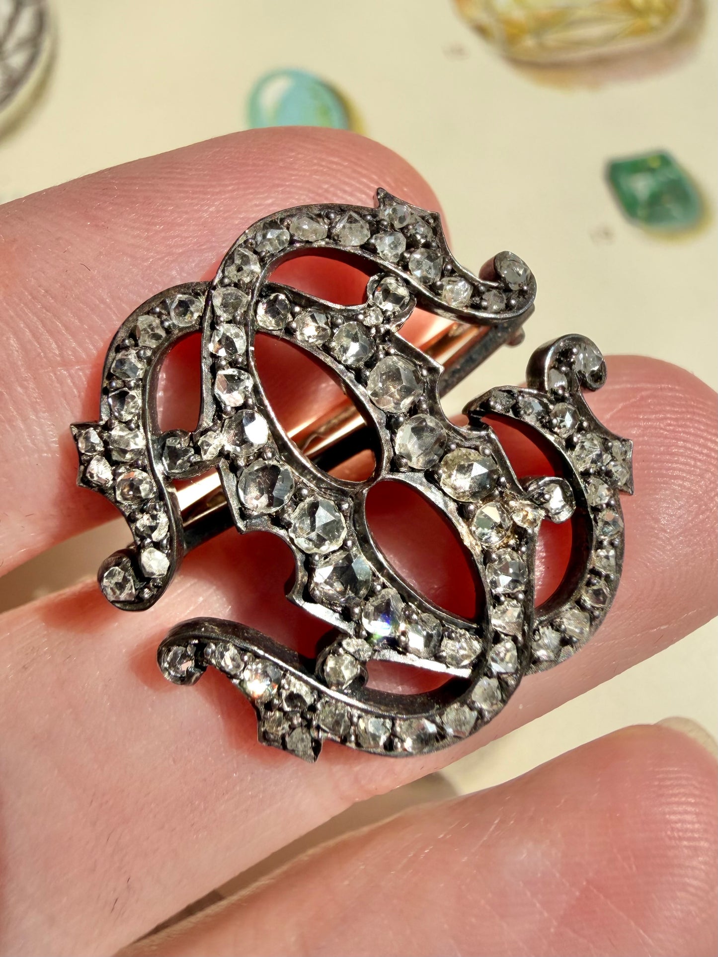 ANTIQUE • Victorian 14-18k Gold & Silver w/ Old Rose Cut Diamonds Monogram Brooch