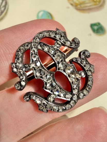 ANTIQUE • Victorian 14-18k Gold & Silver w/ Old Rose Cut Diamonds Monogram Brooch