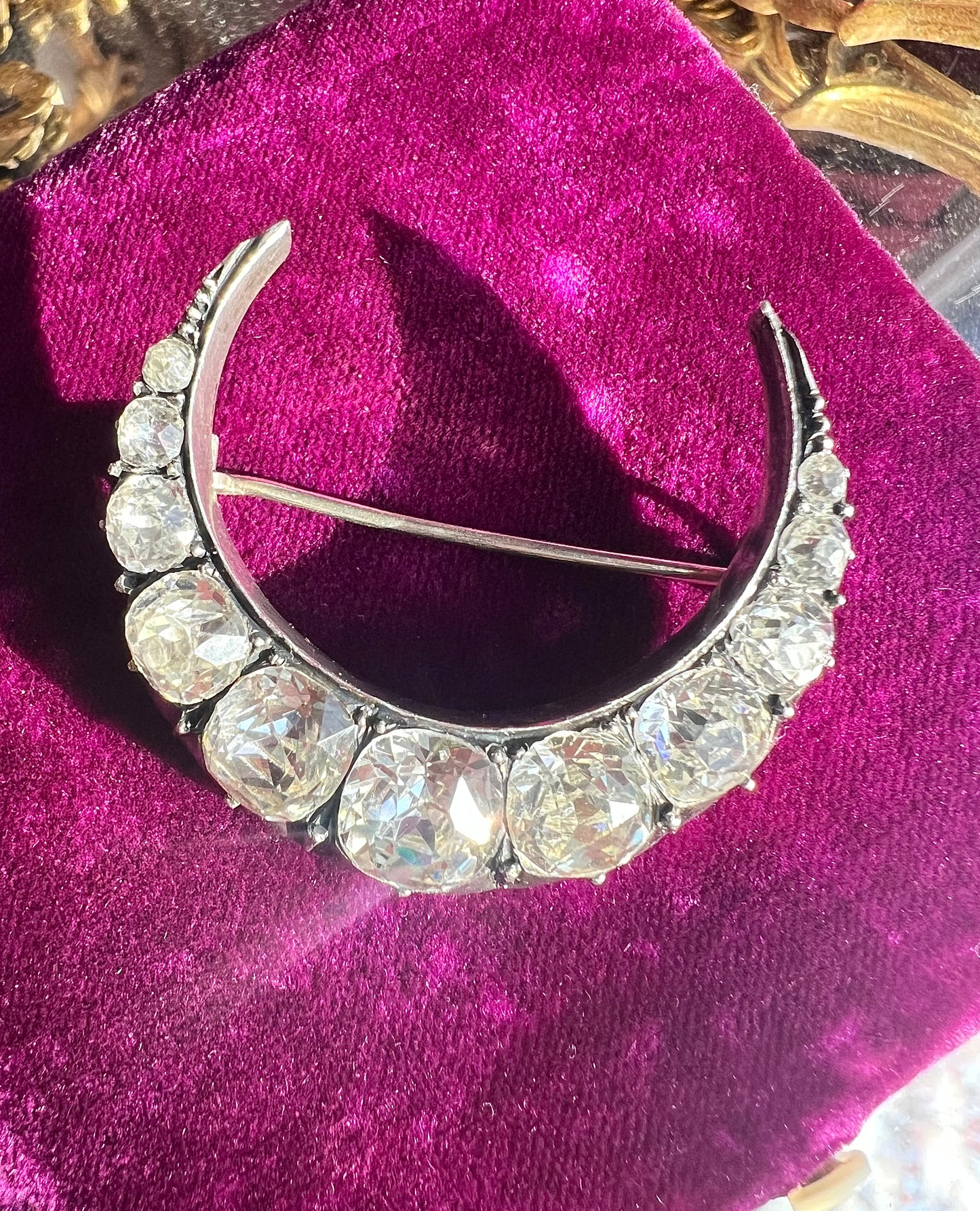ANTIQUE • Victorian Sterling Silver w/ Cushion Cut Diamond Paste Crescent Brooch
