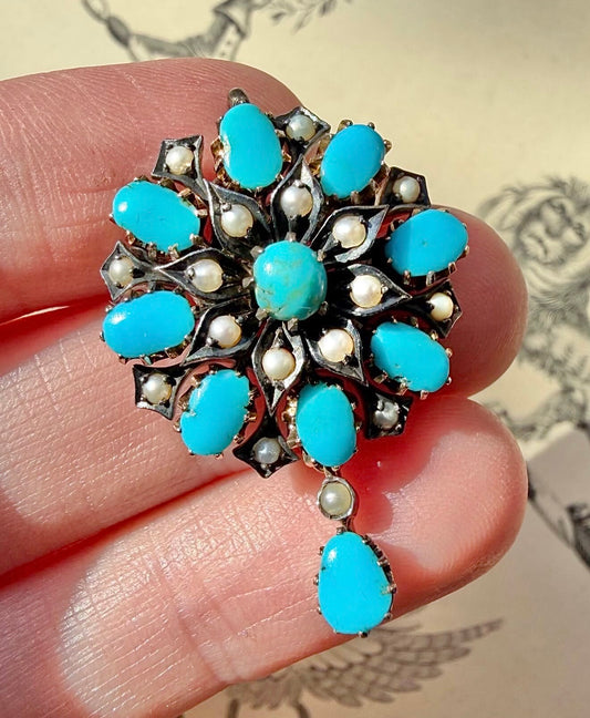 ANTIQUE • Victorian 10k Silver-Topped Yellow Gold w/ Persian Turquoise & Sea Pearl Flower Brooch Pendant