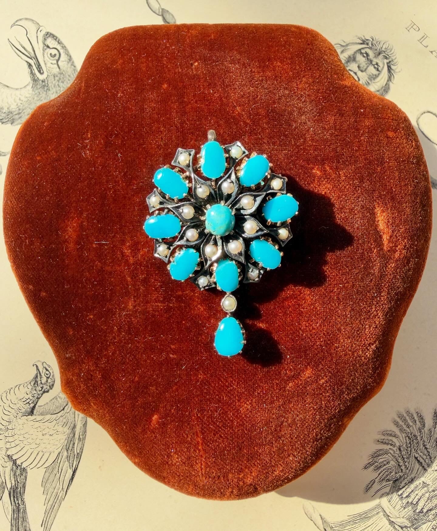 ANTIQUE • Victorian 10k Silver-Topped Yellow Gold w/ Persian Turquoise & Sea Pearl Flower Brooch Pendant