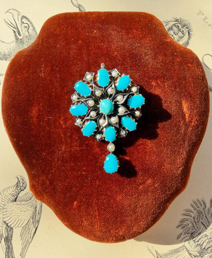 ANTIQUE • Victorian 10k Silver-Topped Yellow Gold w/ Persian Turquoise & Sea Pearl Flower Brooch Pendant