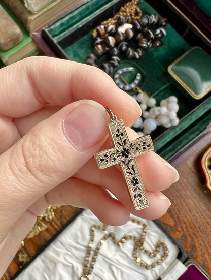 ANTIQUE • Victorian 10k Yellow Gold Taille D’Epargne Enamel Cross Pendant Charm