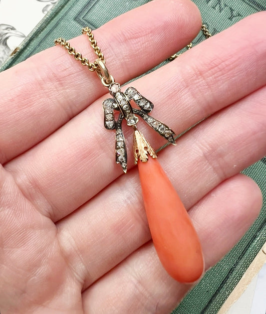 ANTIQUE • Victorian 15ct Yellow Gold Lavalier Bow Pendant w/ Rose Cut Diamonds & Coral