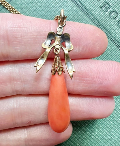 ANTIQUE • Victorian 15ct Yellow Gold Lavalier Bow Pendant w/ Rose Cut Diamonds & Coral