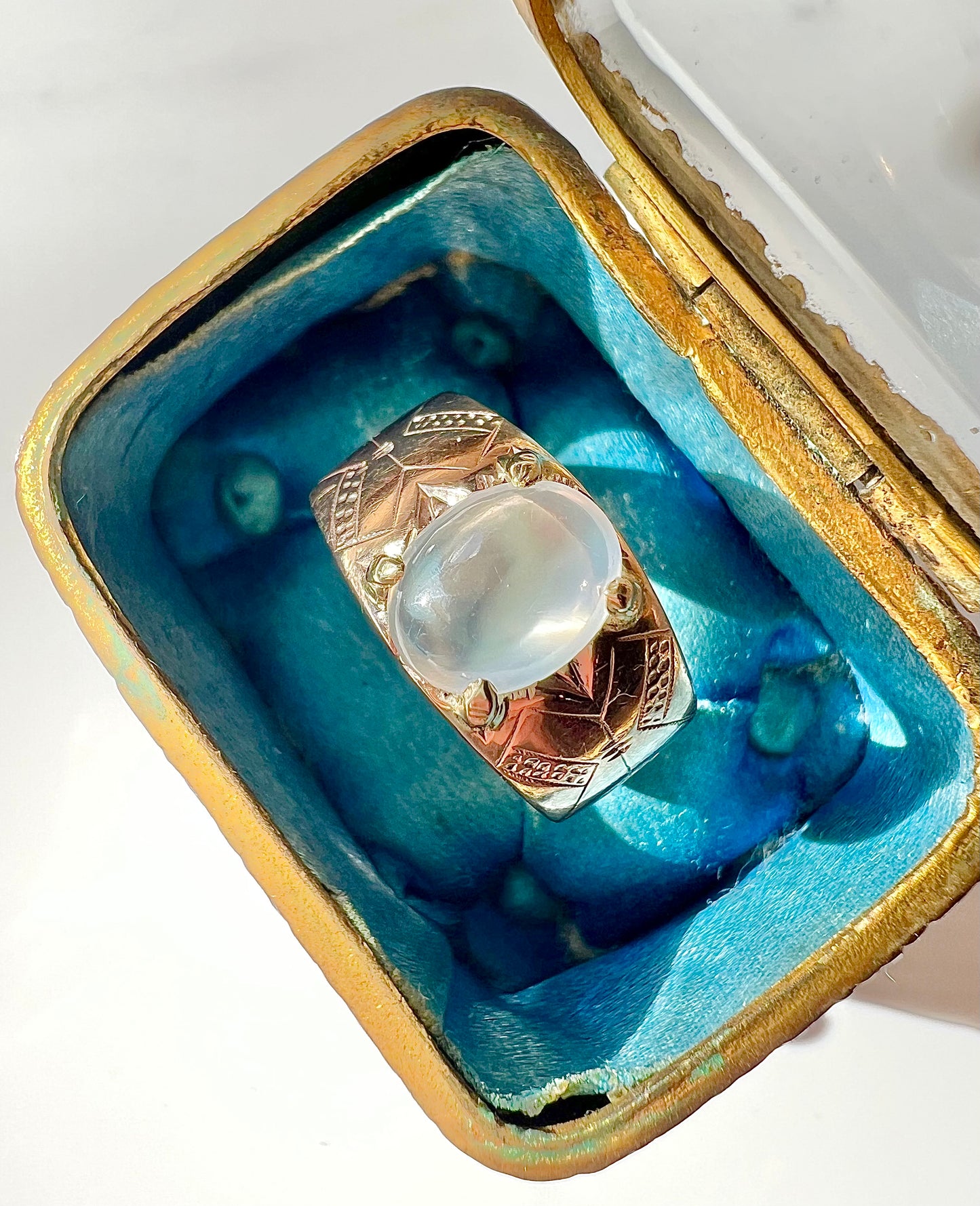 ANTIQUE • Art Nouveau 8k Rosy Gold German Jugendstil Engraved Moonstone Ring