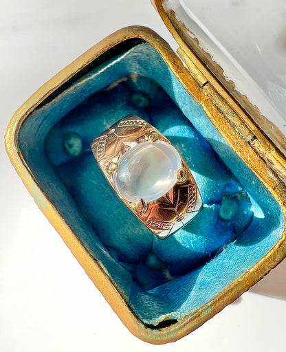 ANTIQUE • Art Nouveau 8k Rosy Gold German Jugendstil Engraved Moonstone Ring