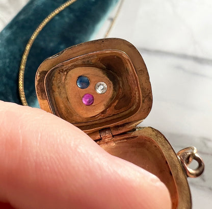 ANTIQUE • Victorian 10k Rose Gold Picture Locket Necklace w/ Old Cut Diamond, Sapphire & Ruby Club Symbol