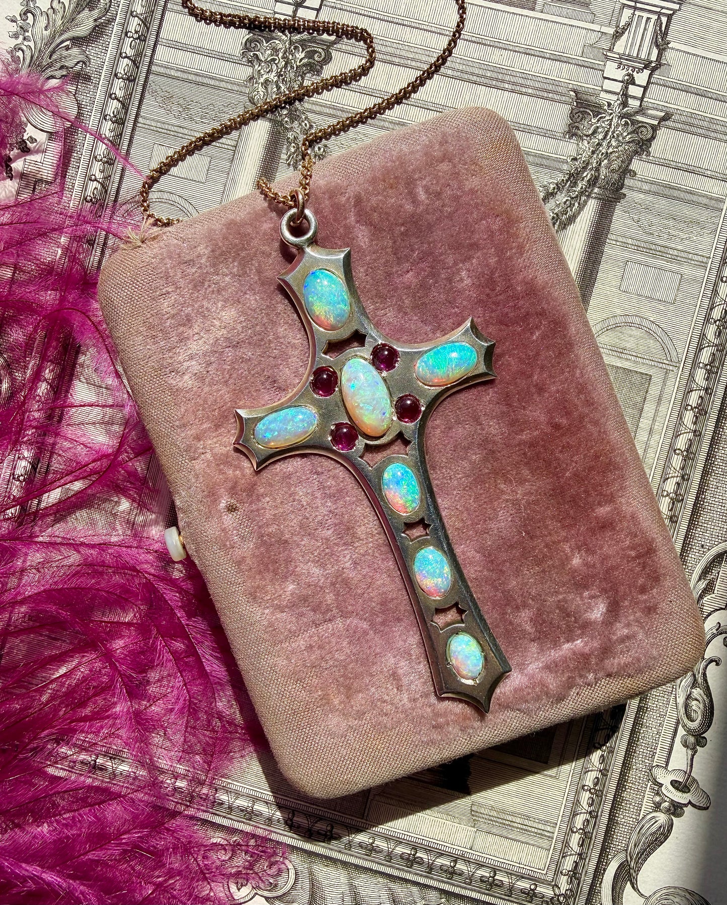 ANTIQUE • Art Nouveau Silver-Low Karat Gold w/ Australian Opal & Ruby Cross Pendant