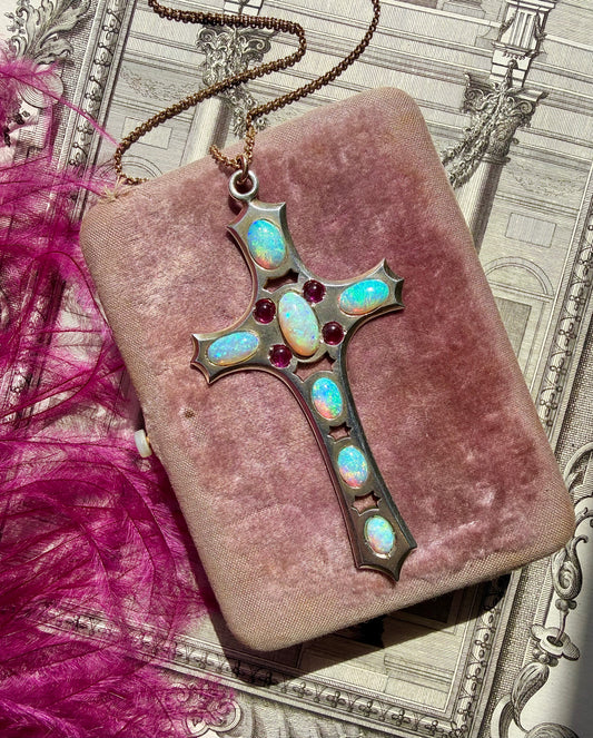 ANTIQUE • Art Nouveau Silver-Low Carat Gold w/ Australian Opal & Ruby Cross Pendant