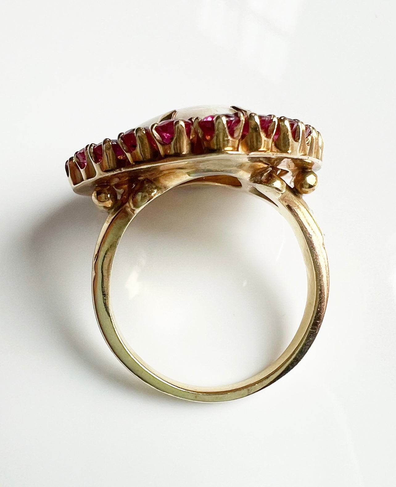 ANTIQUE • Victorian 14k Yellow Gold Australian Opal Heart & Ruby Halo Ring Sz. 6.5