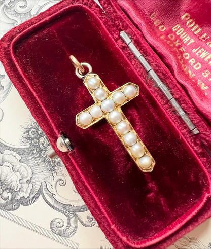 ANTIQUE • Victorian 9ct Yellow Gold w/ Saltwater Pearls Cross Pendant