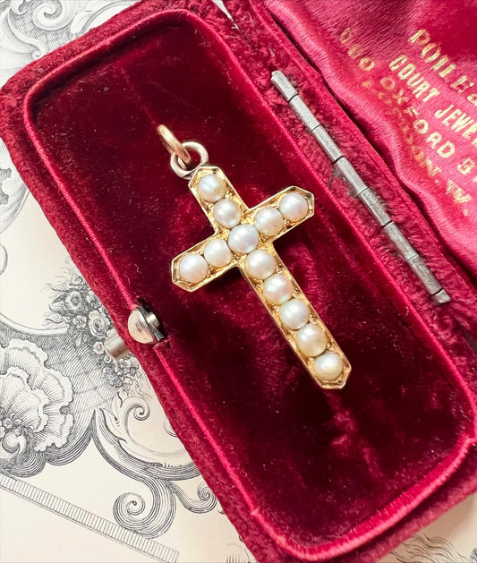 ANTIQUE • Victorian 9ct Yellow Gold w/ Saltwater Pearls Cross Pendant