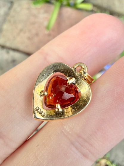 ANTIQUE • Art Nouveau 14k Yellow Gold Madeira Citrine w/ Seed Pearls Heart Charm Pendant