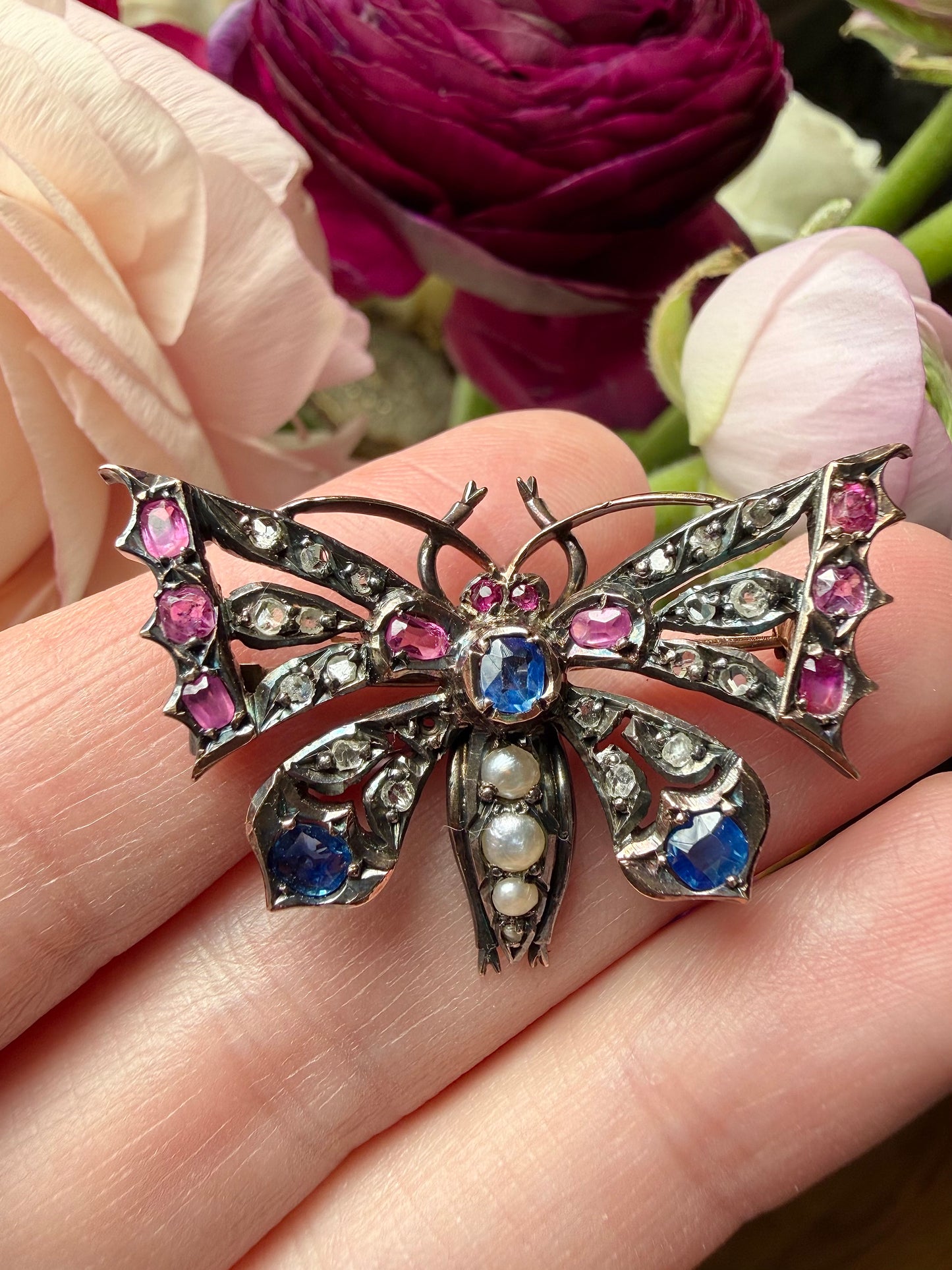 ANTIQUE • Victorian 14k Silver-Topped Yellow Gold Butterfly w/ Blue & Pink Sapphires, Diamonds & Sea Pearls Brooch Pendant