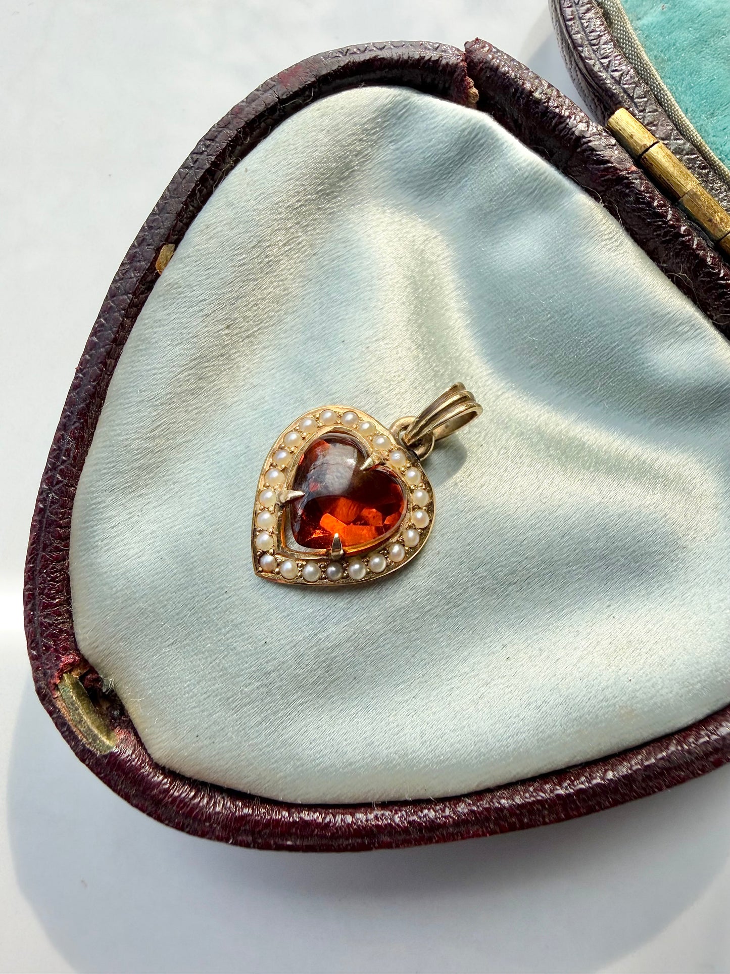ANTIQUE • Art Nouveau 14k Yellow Gold Madeira Citrine w/ Seed Pearls Heart Charm Pendant