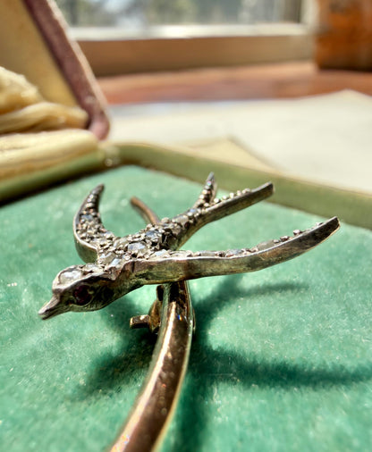 ANTIQUE • Victorian 14k Yellow Gold & Silver w/ Old Cut Diamonds & Rubies Wishbone Swallow Brooch