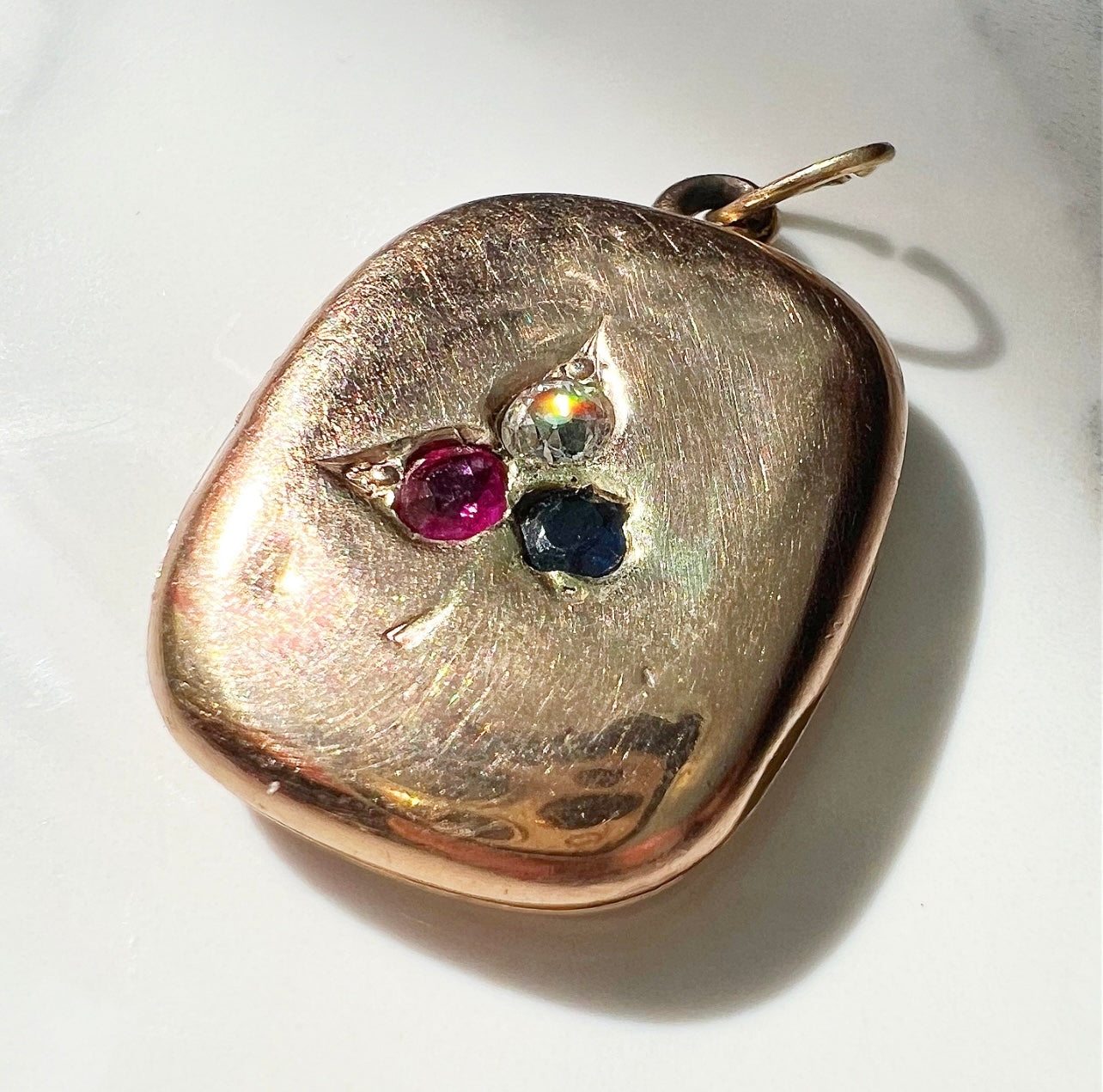 ANTIQUE • Victorian 10k Rose Gold Picture Locket Necklace w/ Old Cut Diamond, Sapphire & Ruby Club Symbol