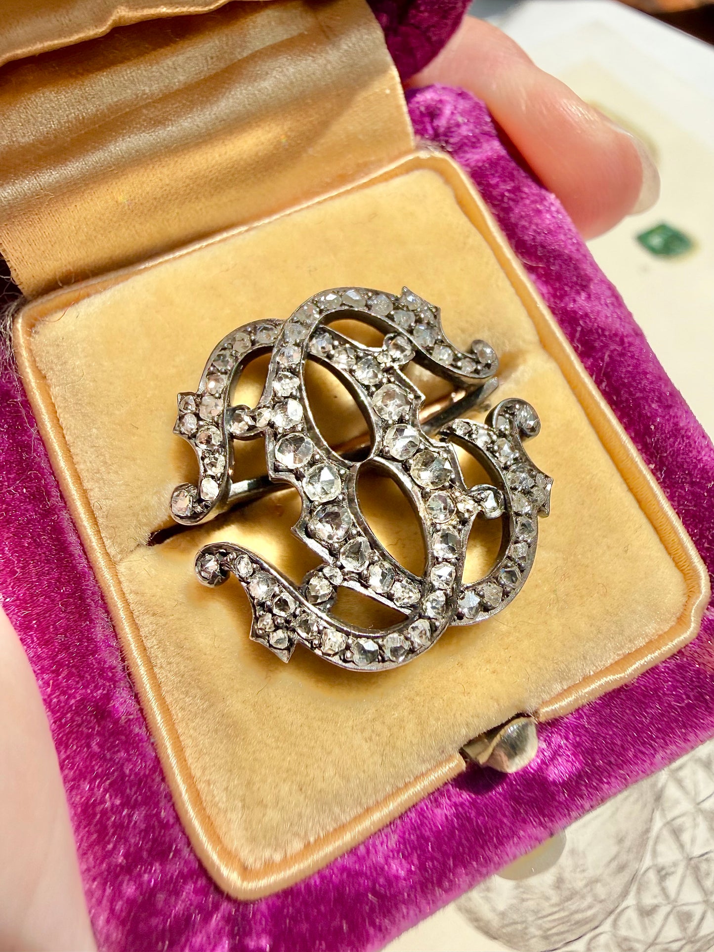 ANTIQUE • Victorian 14-18k Gold & Silver w/ Old Rose Cut Diamonds Monogram Brooch