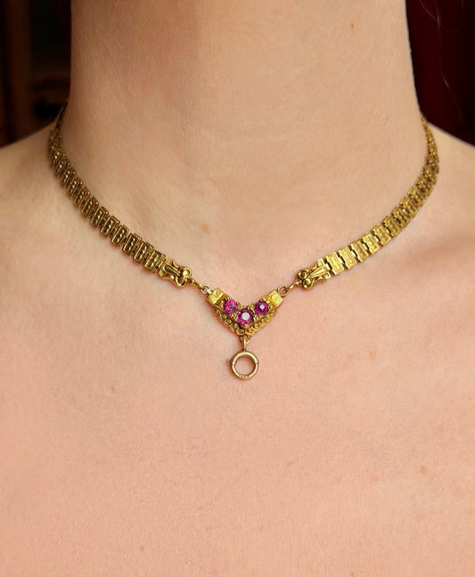 ANTIQUE • Victorian 10k Yellow Gold w/ Rhodolite Garnet Clasp Book Chain Collar Necklace