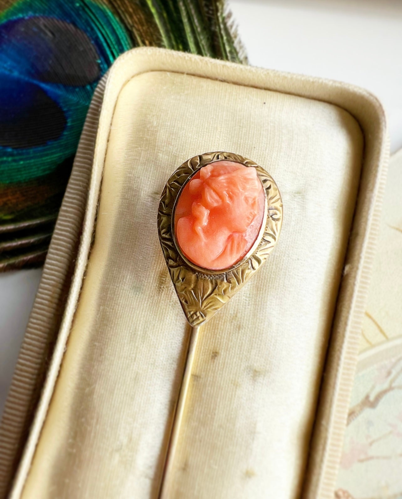 ANTIQUE • Victorian 14k Yellow Gold Coral Cameo Stickpin w/ Engraved Setting