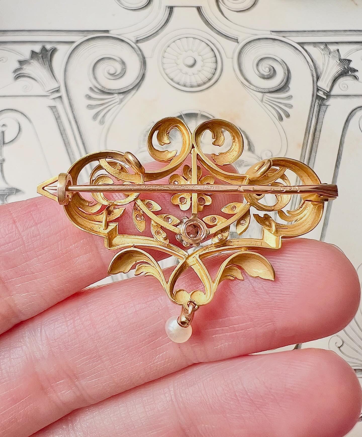 ANTIQUE • Art Nouveau French 18k Yellow Gold & Platinum w/ Diamonds Scroll Brooch Pendant