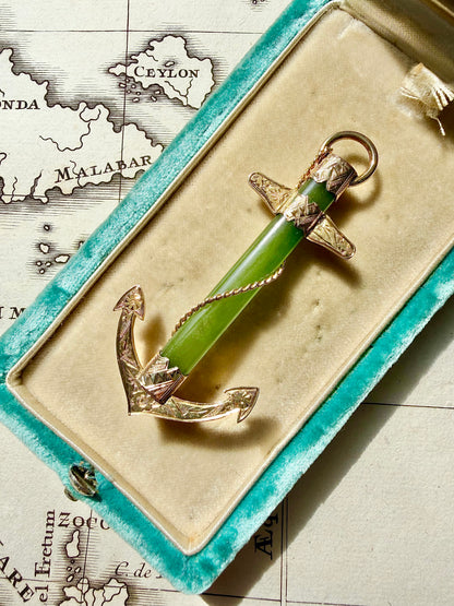ANTIQUE • Victorian 9ct Yellow Gold Nephrite Jade Anchor Pendant & Brooch