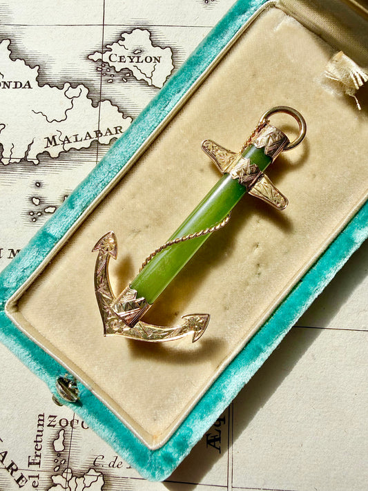 ANTIQUE • Victorian 9ct Yellow Gold Nephrite Jade Anchor Pendant & Brooch