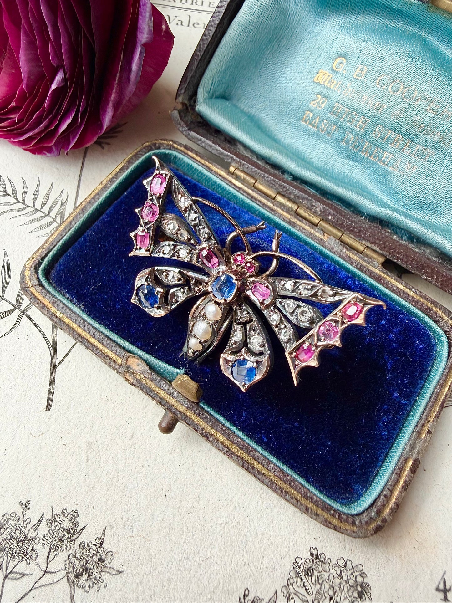 ANTIQUE • Victorian 14k Silver-Topped Yellow Gold Butterfly w/ Blue & Pink Sapphires, Diamonds & Sea Pearls Brooch Pendant