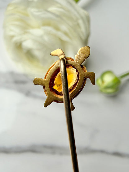 ANTIQUE • Art Nouveau 14k Yellow Gold w/ Madeira Citrine Turtle Stickpin