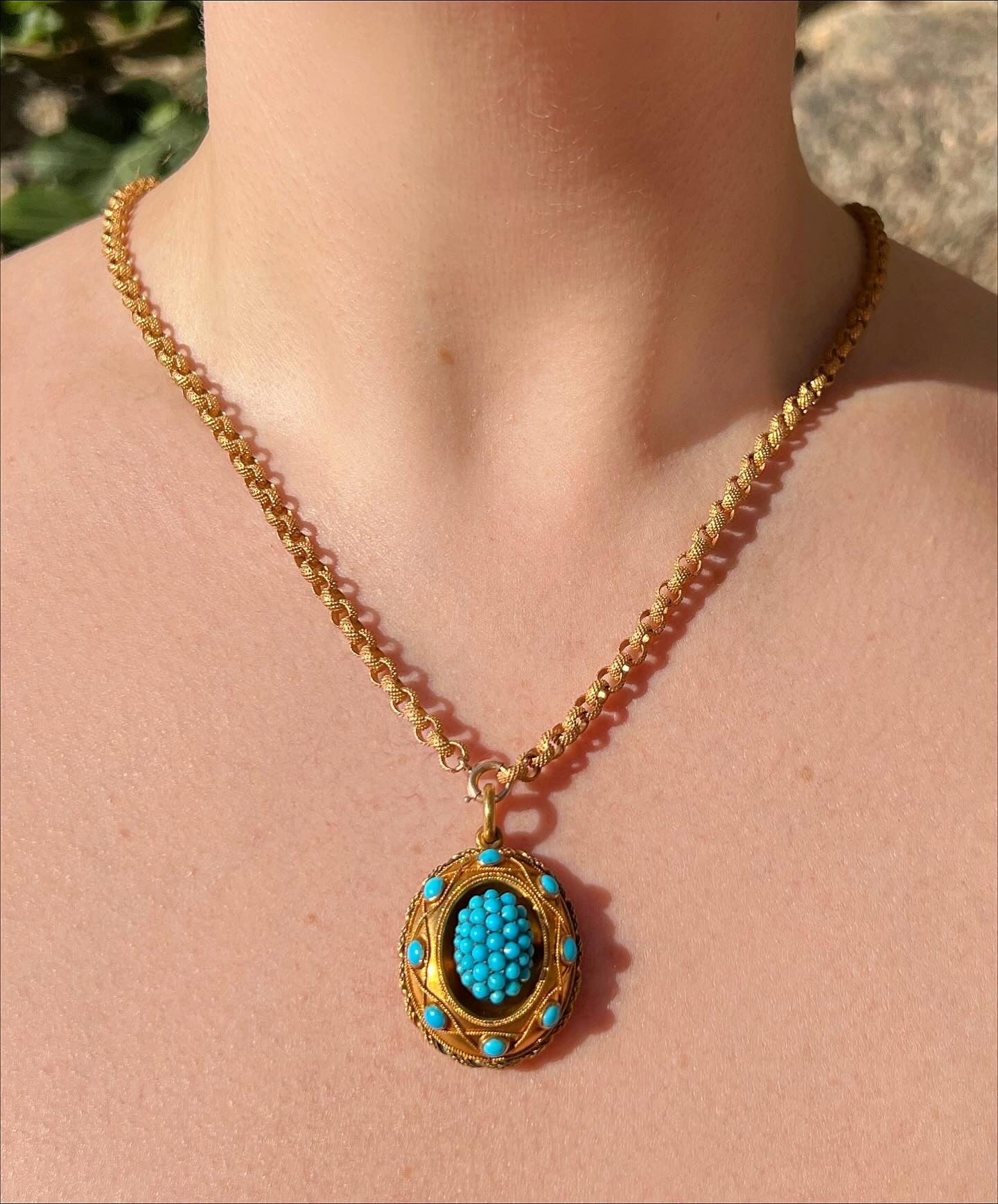 ANTIQUE • Victorian 14k Yellow Gold w/ Persian Turquoise Locket Back Pendant
