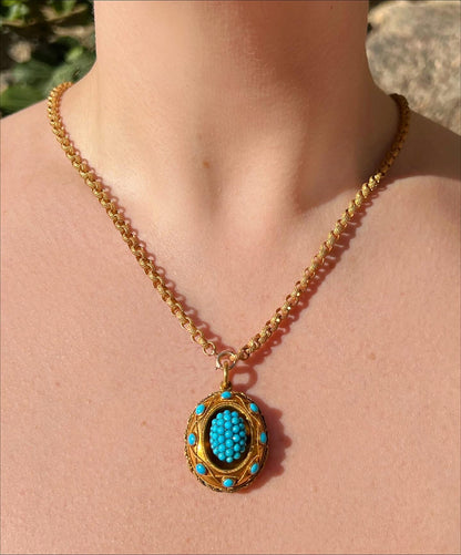 ANTIQUE • Victorian 14k Yellow Gold w/ Persian Turquoise Locket Back Pendant
