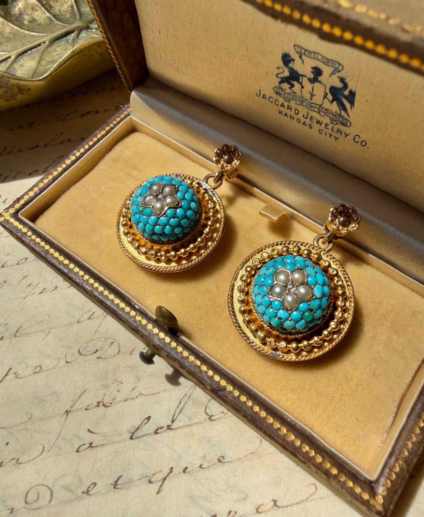 ANTIQUE • Victorian 14k Yellow Gold Celestial Earrings w/ Persian Turquoise, Sea Pearls & Rose Cut Diamonds