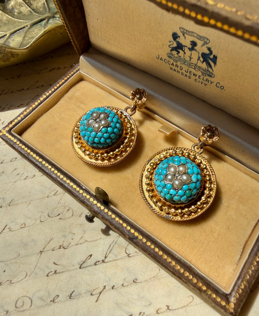 ANTIQUE • Victorian 14k Yellow Gold Celestial Earrings w/ Persian Turquoise, Sea Pearls & Rose Cut Diamonds